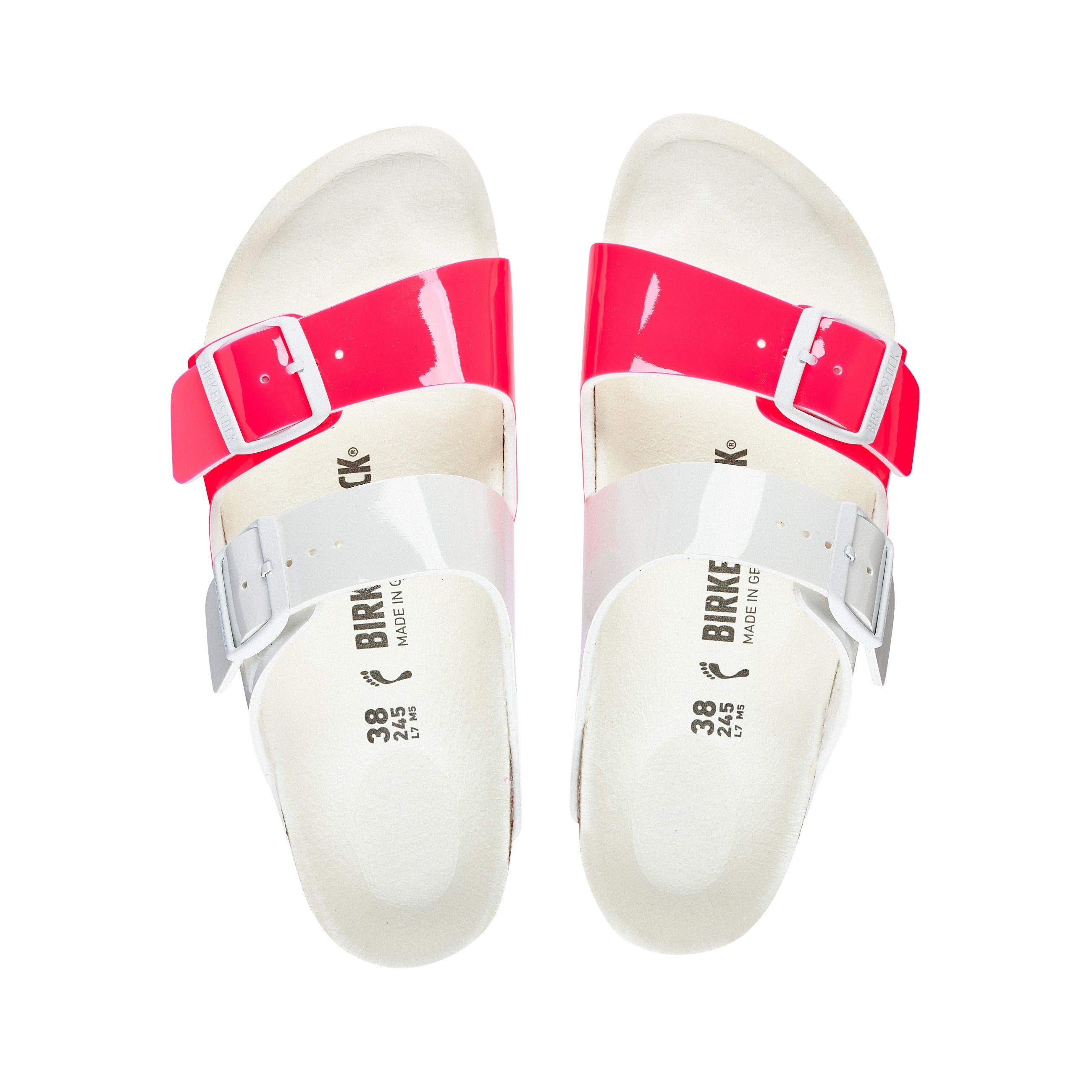 Birkenstock Arizona Vegan Split Neon Pink/White Birko-Flor Patent top view