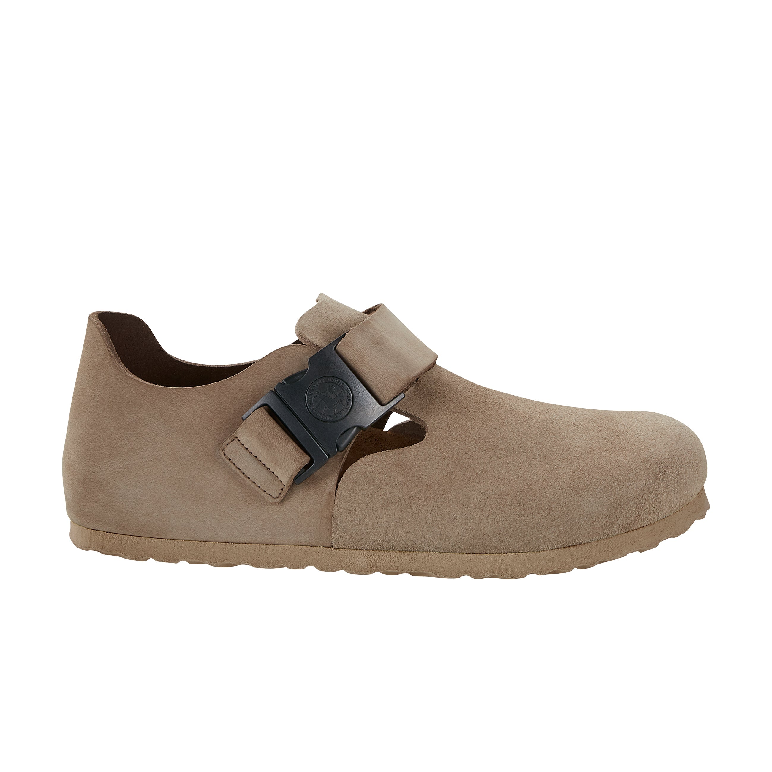 Birkenstock London QR Buckle Taupe Suede Leather side view